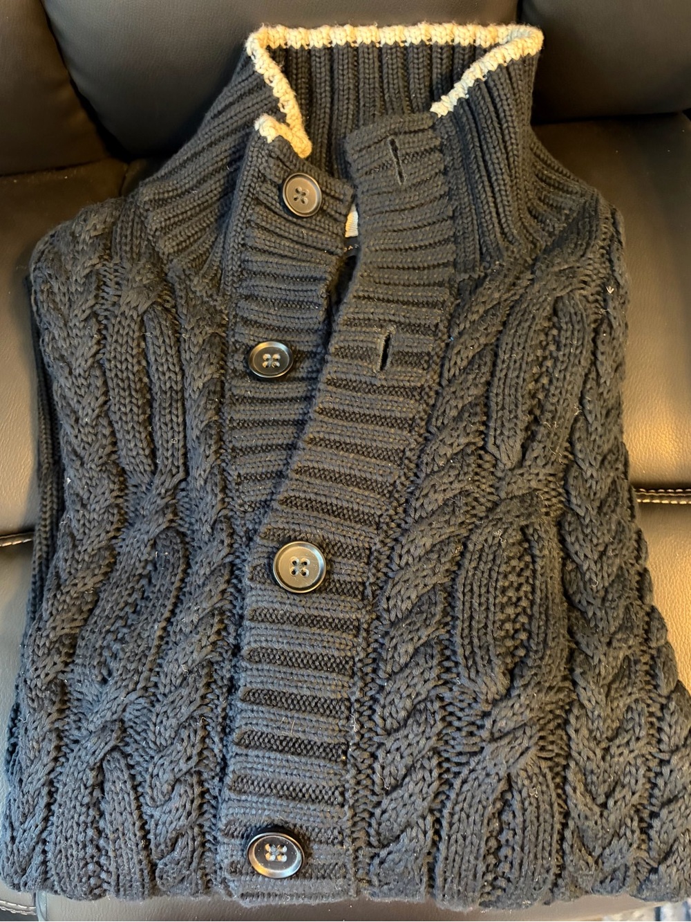 Banana Republic Black Cable Knit Button-Front Cardigan with Cream Trim